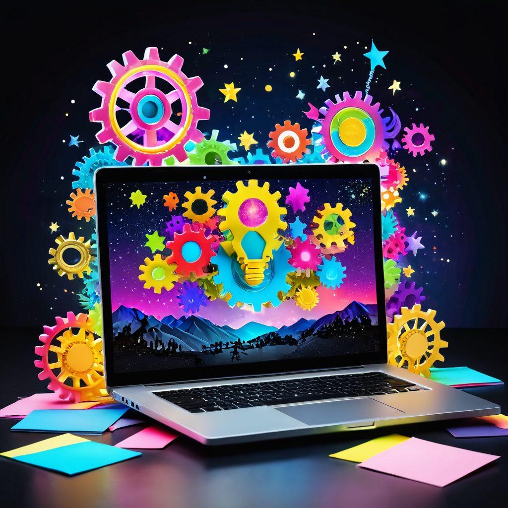 A whimsical digital landscape filled with vibrant gears and lightbulbs symbolizing ideas, showcasing an open laptop surrounded by colorful sticky notes with content submission strategies. In the background, a path of glittering stars leads to a trophy representing 'maximum delight'. The scene is bright and engaging, inspiring creativity and strategy. super-realistic. vibrant colors. 3D.