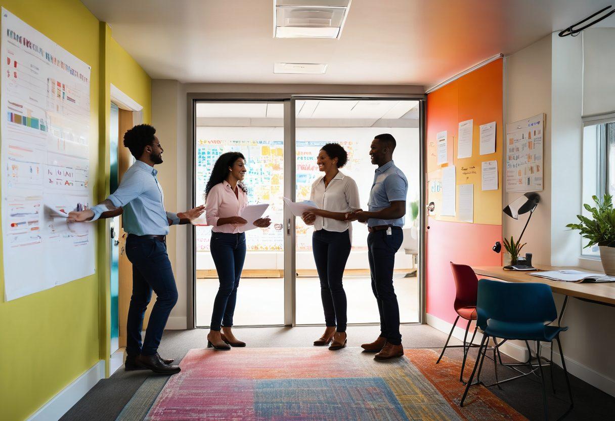 A visually engaging scene depicting an open doorway leading to a bright, inviting office space with soft sunlight streaming in. Inside, a diverse group of happy individuals collaborating over paperwork, surrounded by colorful charts illustrating progress and joy. Incorporate elements of joy and teamwork, such as smiles and high-fives, to emphasize a positive atmosphere. The walls can be adorned with motivational quotes, enhancing the theme of growth and cheerful productivity. vibrant colors. super-realistic.