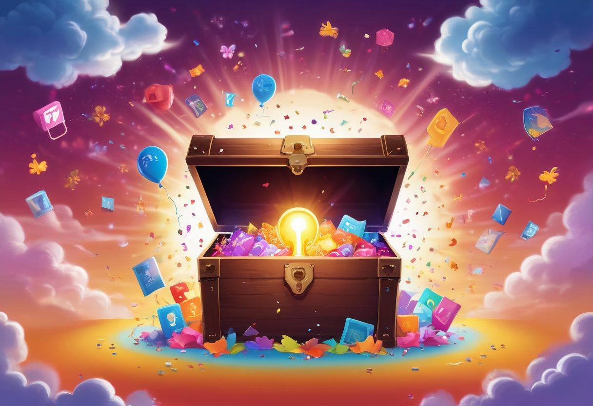A vibrant illustration of a glowing key unlocking a treasure chest filled with colorful content-related icons like articles, videos, and social media logos. Surrounding the chest are joyful, diverse characters celebrating their success with confetti and balloons. The background features a warm, inviting environment with soft clouds and a bright sun. The scene evokes a sense of achievement and happiness. colorful vector art. high contrast.
